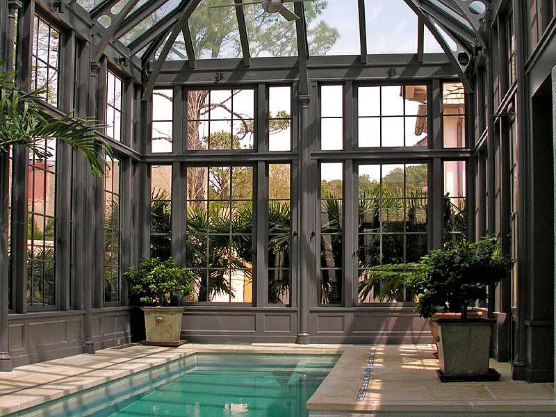 Steel And Glass Garden Greenhouse With Swimming Pool